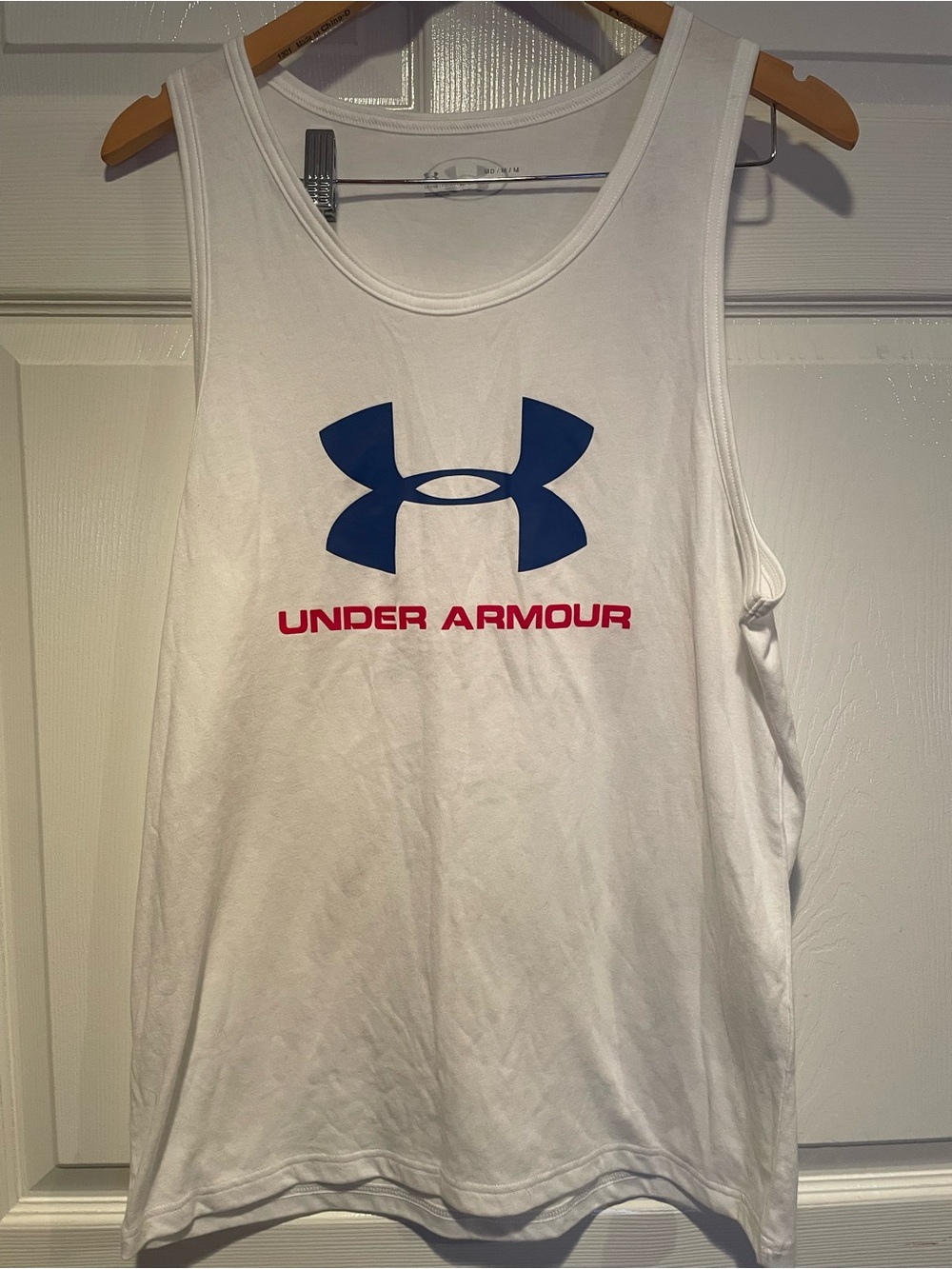 Under Armour White Tank with Navy Logo and Red Under Armour Text